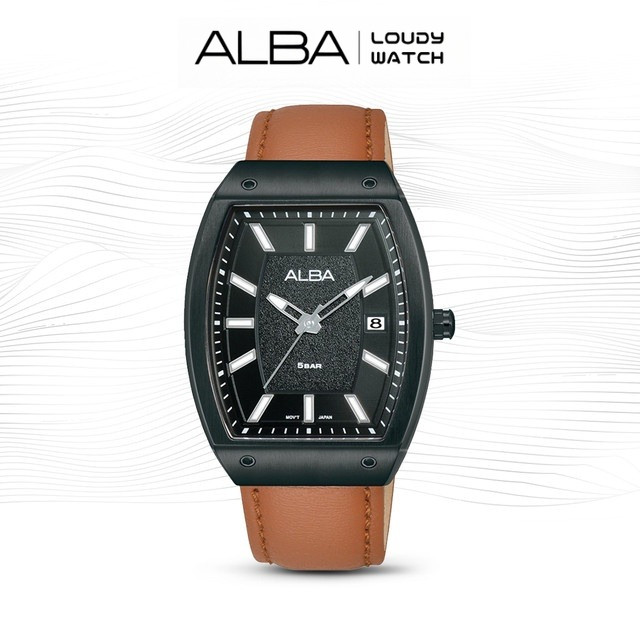ALBA AG8N19 Jam Tangan Pria Tank Quartz Black Dial Brown Leather Strap Watch