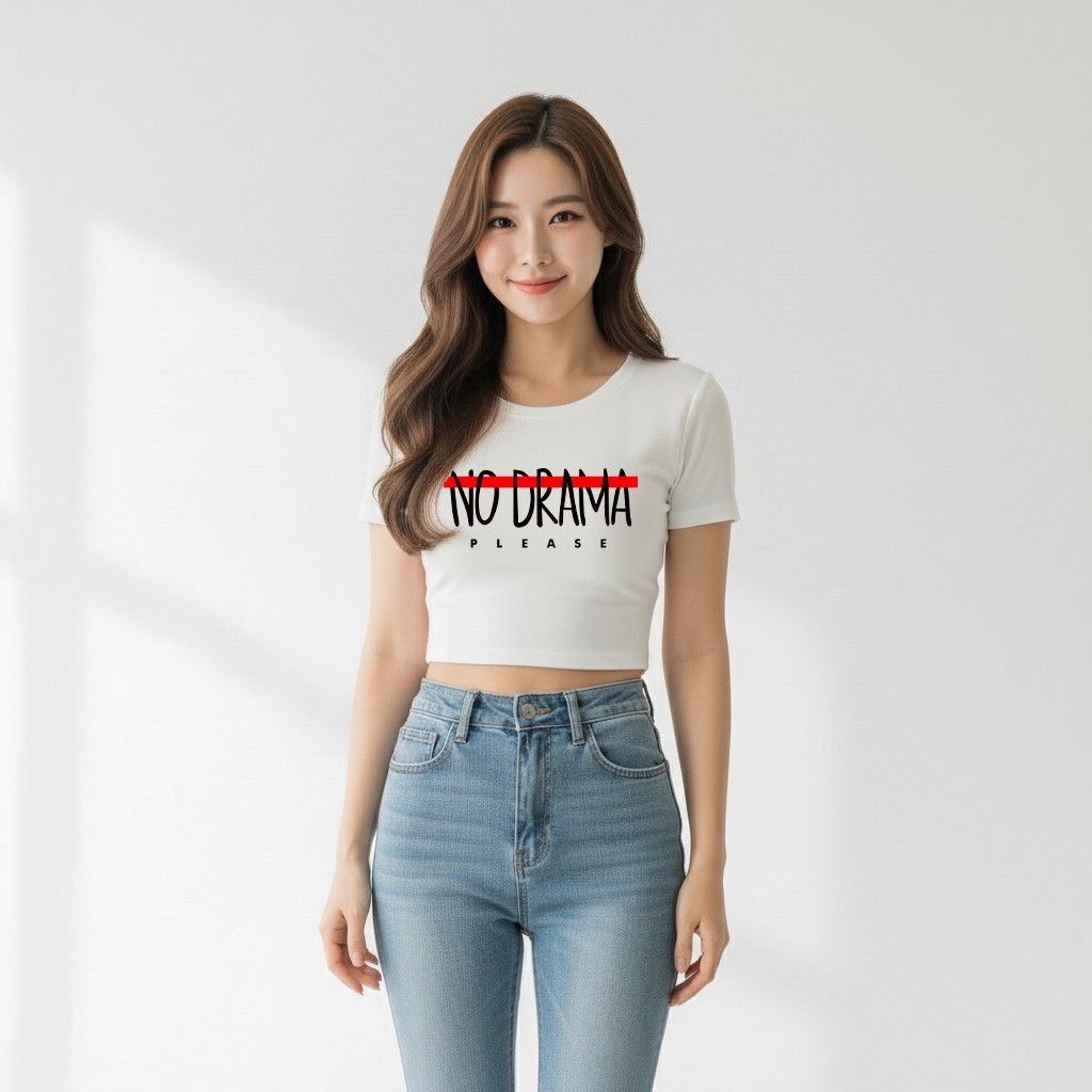 Crop Tee No Drama Kaos Crop Wanita Baju Cewek Korea Atasan Katun Crop Slim Fit Kaos Katun Combed Dew