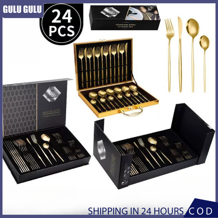 Set alat makan stainless pisau garpu sendok 3-in-1 tersedia warna emas & perak
