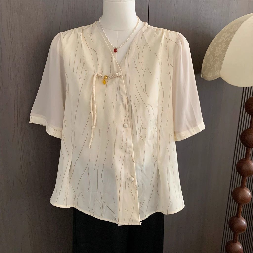 Baju Atasan Wanita Tua Musim Panas 2025 Model Baru Kemeja Longgar Modis dengan Gaya Baru Tionghoa Ba