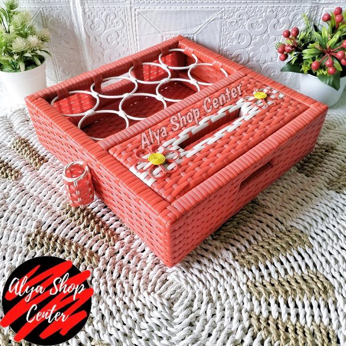 [2in1] Set Tempat Tisu dan Aqua Gelas 8 Cup Rotan Sintetis / Kotak Tempat Tissu Aqua / Tempat Aqua G