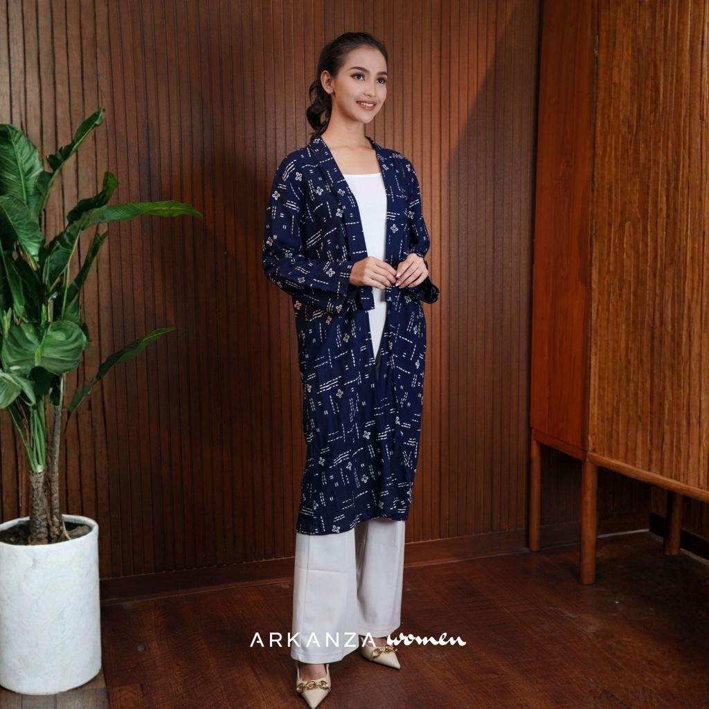 ARKANZA WOMEN Outer Batik Panjang Cap Melati Navy Atasan Wanita Katun Premium Modern Vest Rompi Card