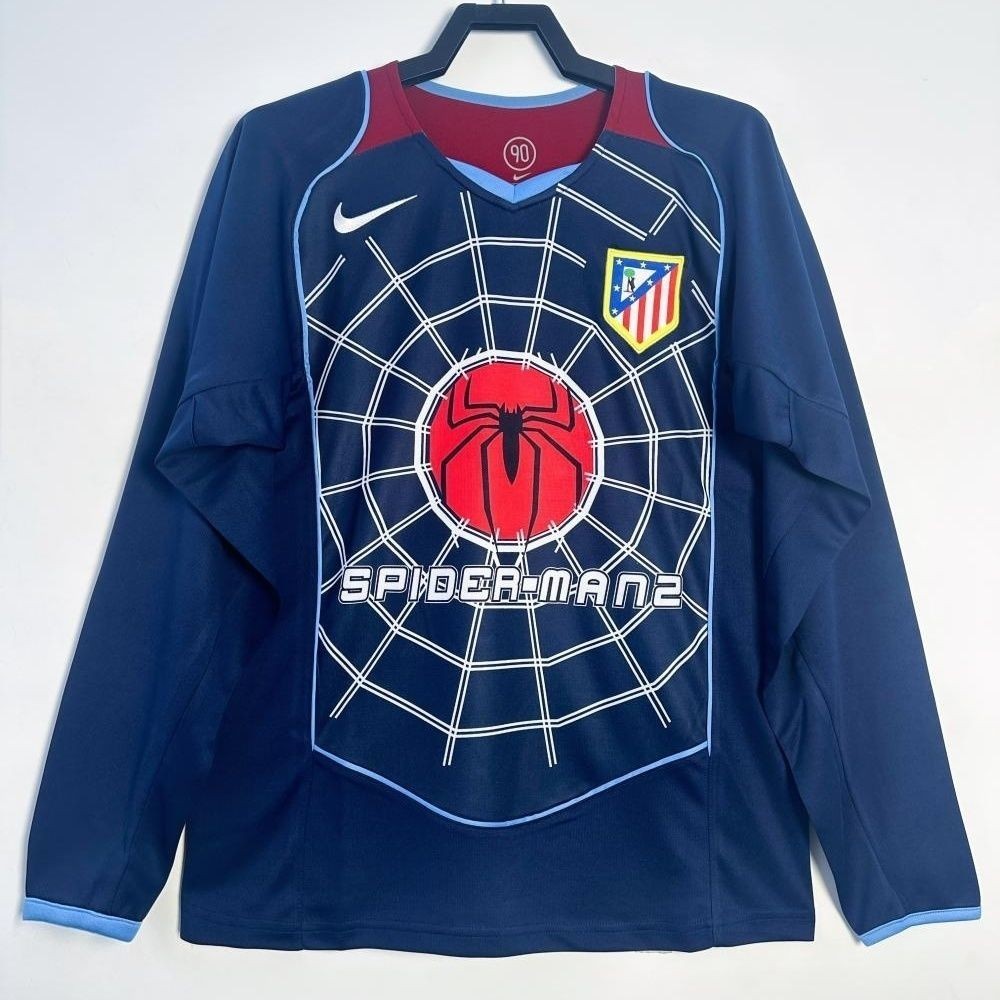 Jersey Sepak Bola Lengan Panjang Biru Royal Tandang Atletico Madrid Dewasa Retro 2004-05 T shirt pri