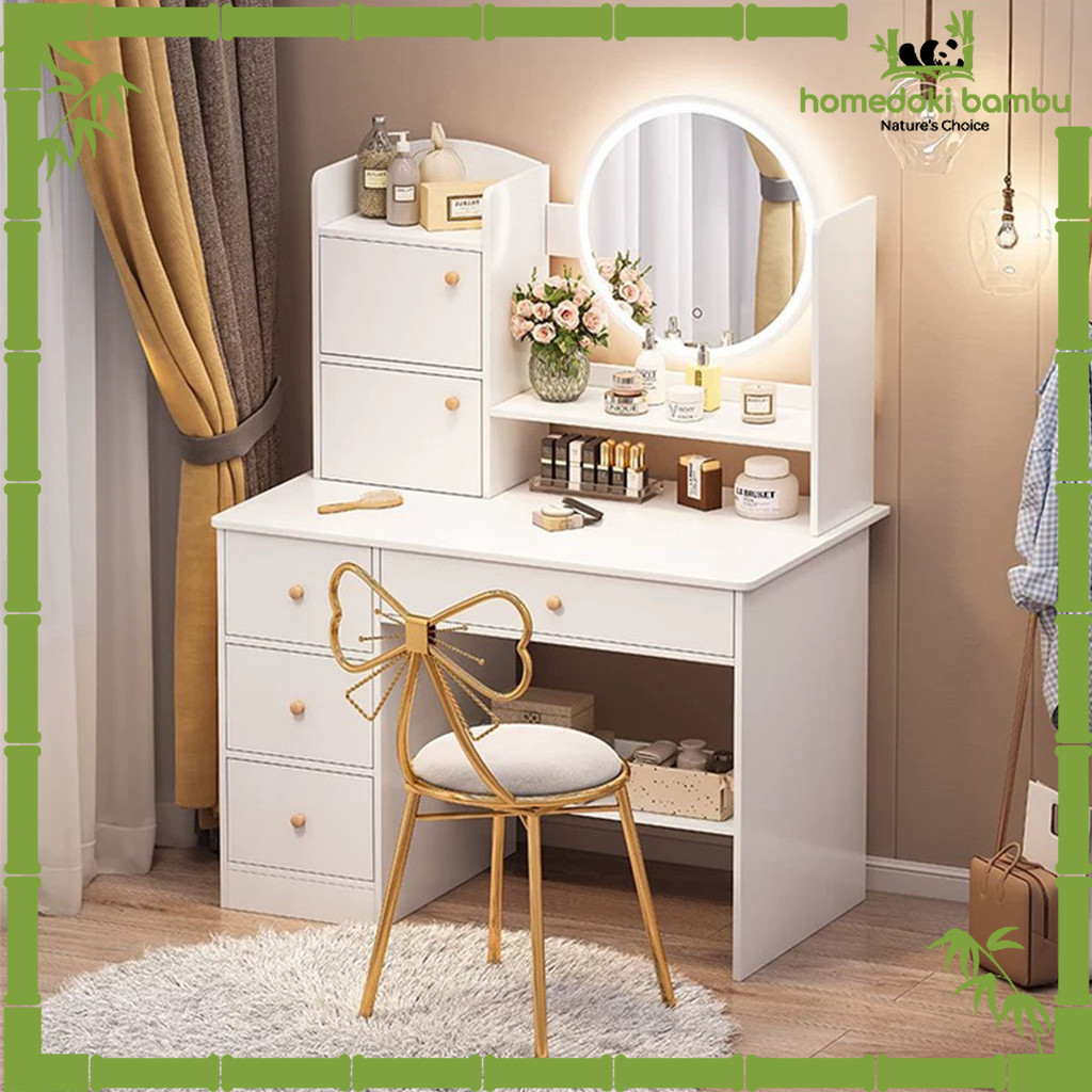 Homedoki Bambu -Meja Rias / Meja Rias Lampu LED / Meja Kamar Aesthetic / Meja Rias Minimalis / Meja 