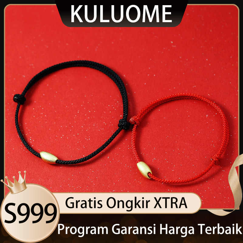 KULUOME Gelang Pasangan Pria Wanita Tali Hitam Merah Emas Biji Beras 3D Mutiara Emas Murni s999