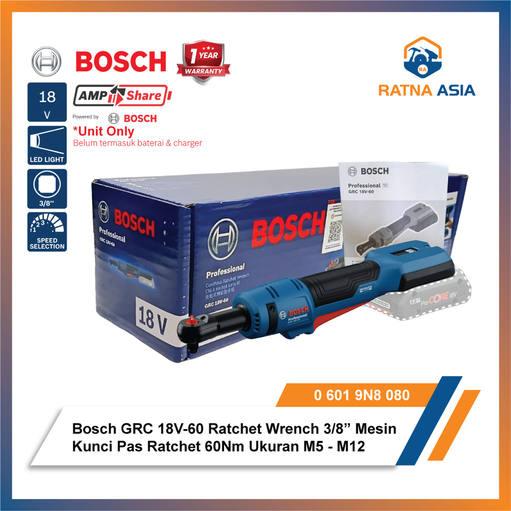 Bosch GRC 18V-60 Brushless Ratchet Wrench 3/8” Mesin Kunci Pas Ratchet 60Nm M5 - M12 Cordless