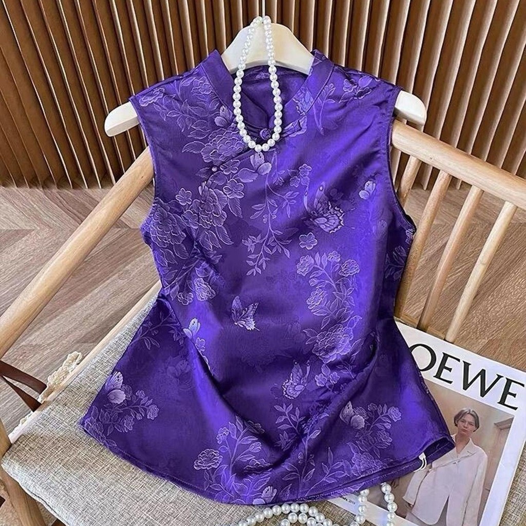 Kemeja Tanpa Lengan Retro Ungu Tua Wanita Gaya Cina Baru Gaya Nasional Blus Atasan yang Ditingkatkan