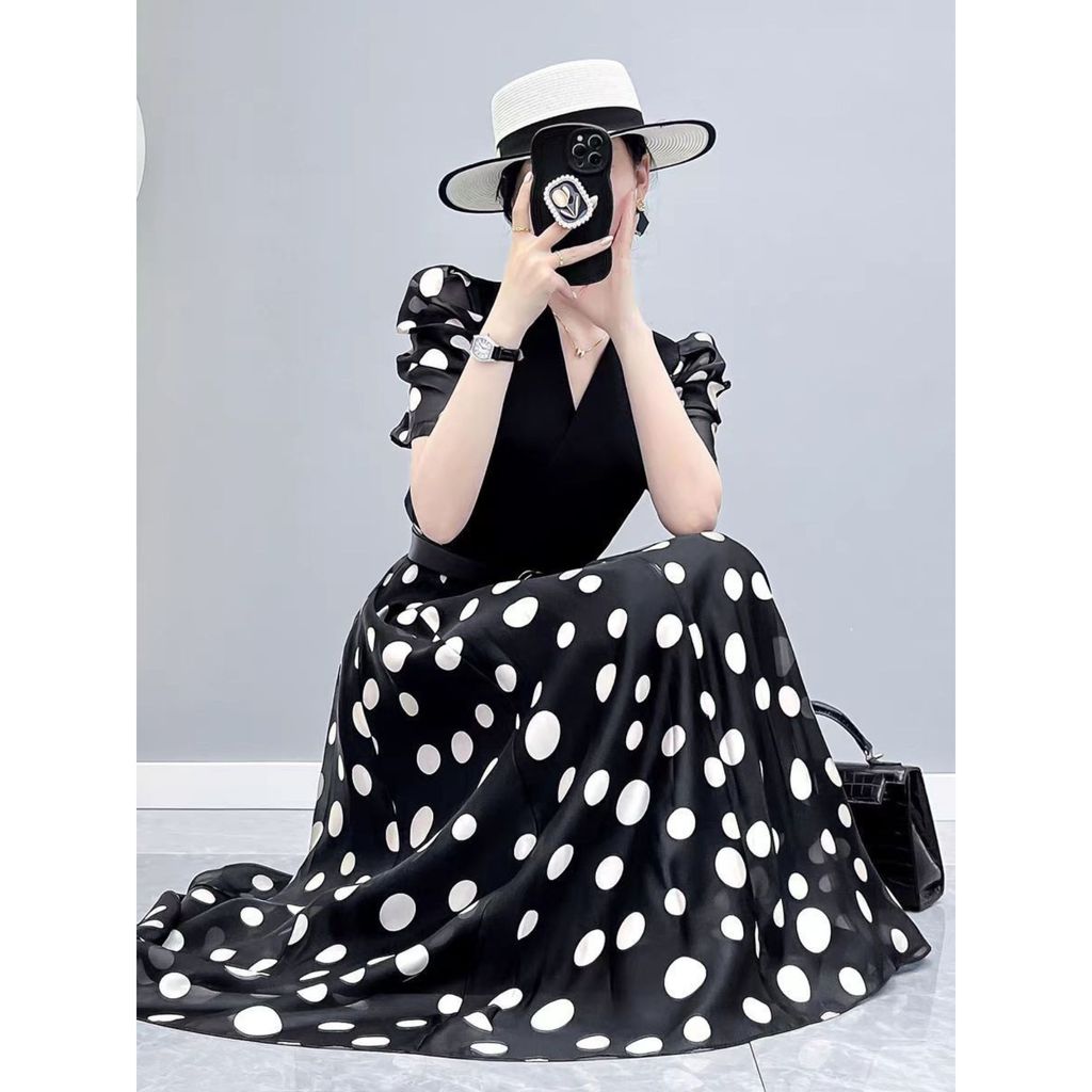 EIRU - ADELINE POLKADOT DRESS WANITA | Dress Panjang Elegan Hitam Putih Korean Style Classy Fashiona