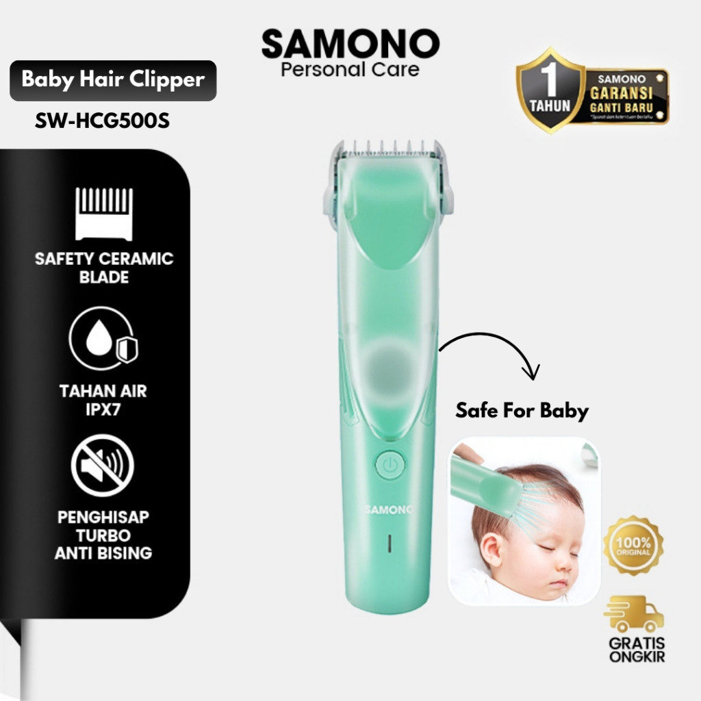 SAMONO Baby Hair Clipper SW-HCG500S Low Noise <50dB, Pisau Keramik, Waterproof, 50 Menit Pemakaian, 
