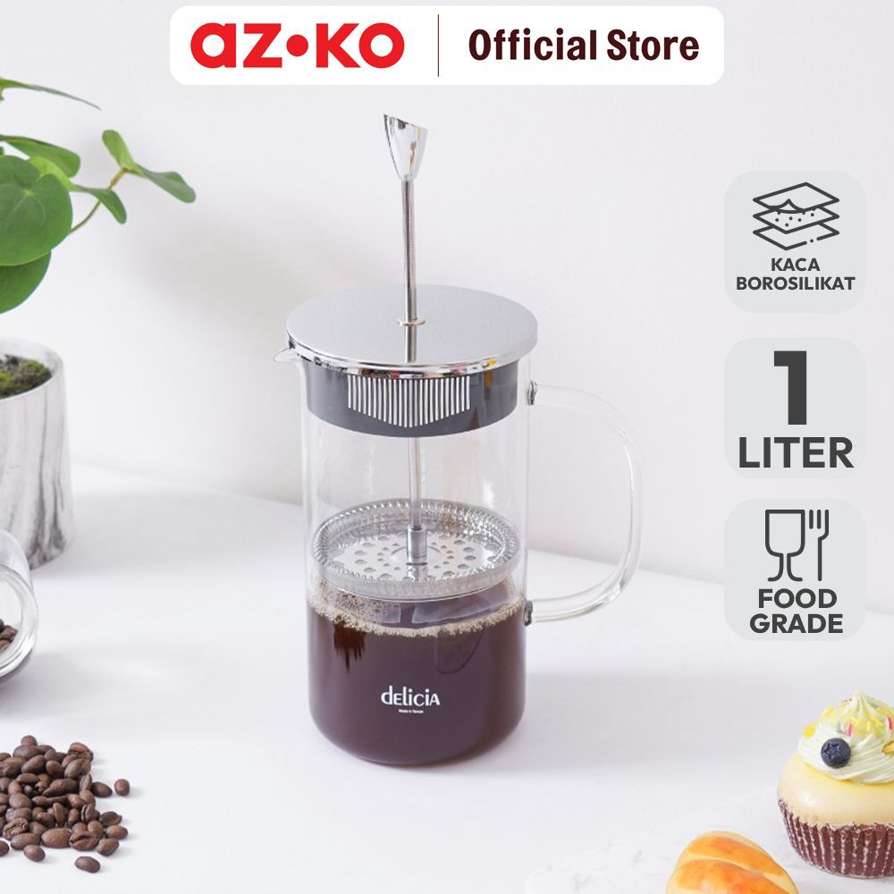 AZKO Delicia Teko Teh French Press Borosilikat 1 ltr Transparan Ceret Minuman Tea Pot Wadah Seduh Te
