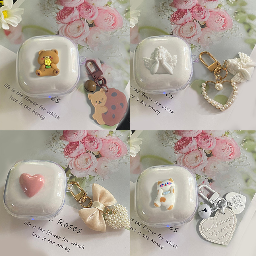 For JBL W300TWS / WAVE FLEX Case Cute Bear/flower Keychain Transparent Earphone Silicone Cover for  