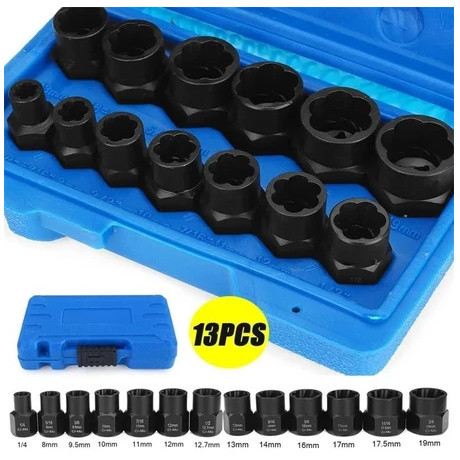 13PCS Mur Hex Alat Pembuka Baut Alat Pembuka Baut Mur Hex Rusak 8mm-19mm Set 13 PCS Kunci Ring pass 