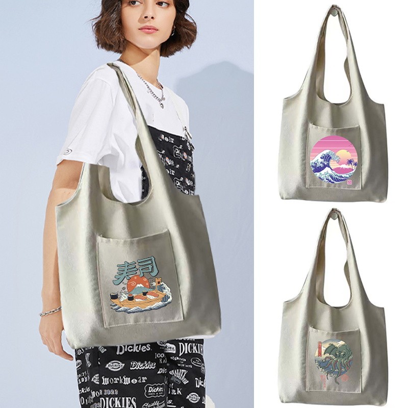 White Shopping Shoulder Bags Ladies Beach Shopping Storage handbag Commuter Recycle Gifts Wave Print