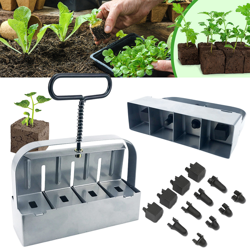 Soil Block Maker Stainless Steel Soil Block Machine 4 Cell Manual Soil Blocking Tool with Comfortabl