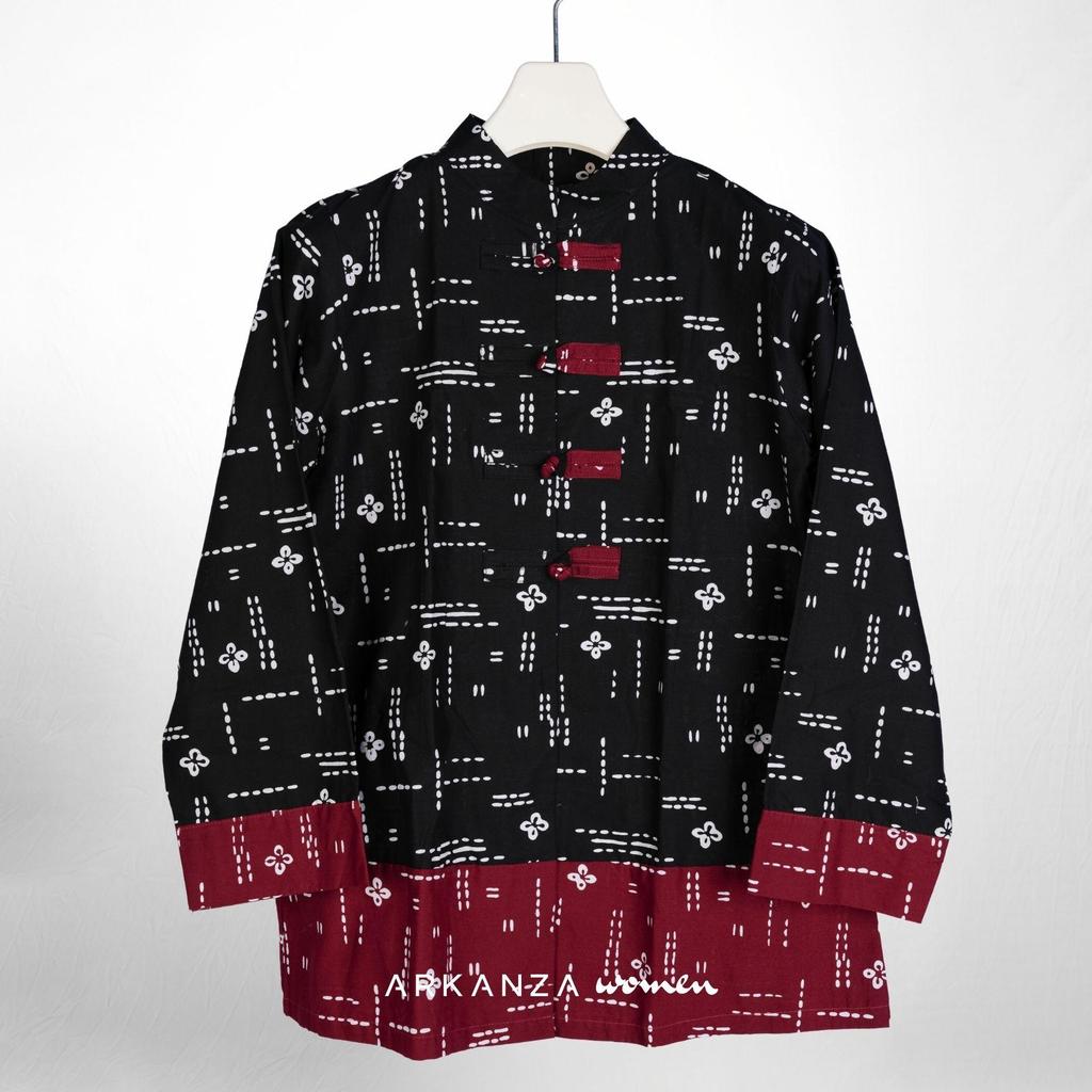 ARKANZA WOMEN Kemeja Batik Cap Hanfu Melati Hitam Atasan Wanita Katun Premium Modern Lengan Panjang 