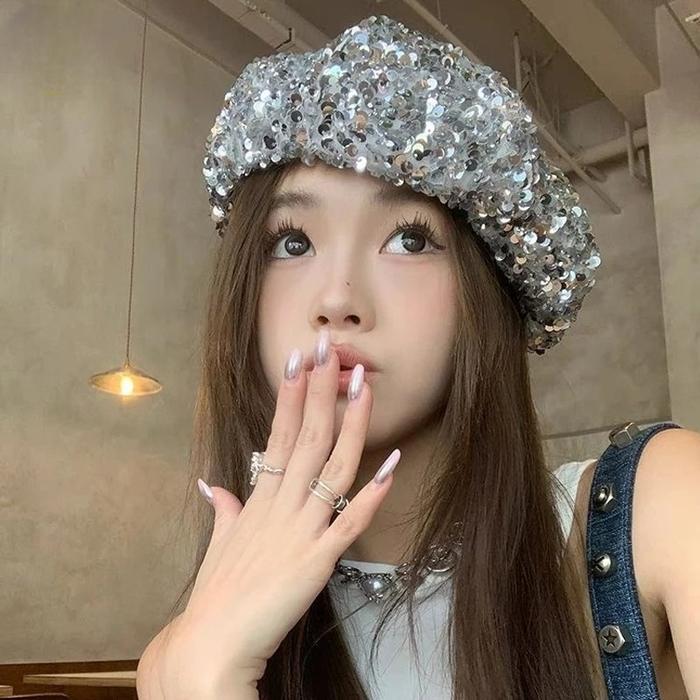 Topi Baret Korea Topi Baret Full Payet Topi Seniman Baret Cap Korean Style Topi Fashion - Silver