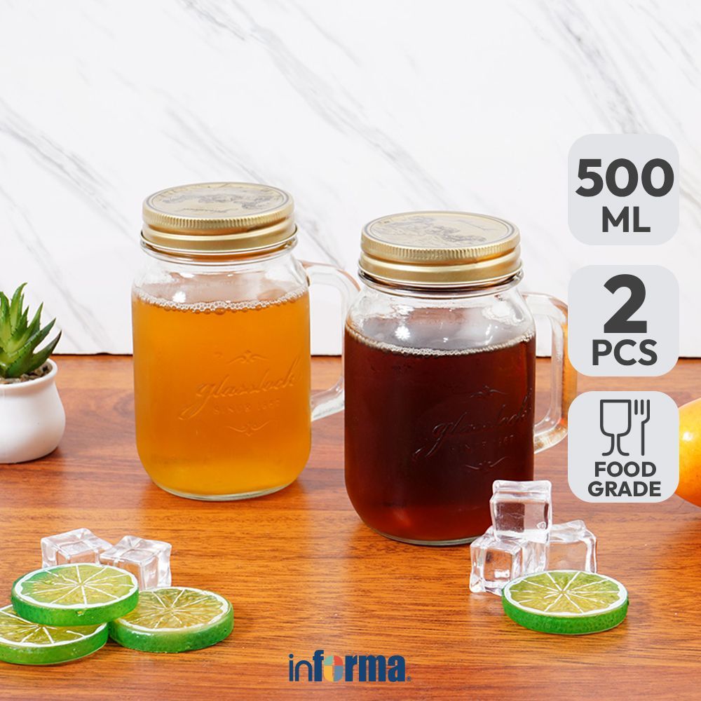 Informa Glasslock Canning Mug Kaca 500 ml Set 2 Pcs Transparan Gelas Minum Tea Cangkir Kopi Wadah Mi