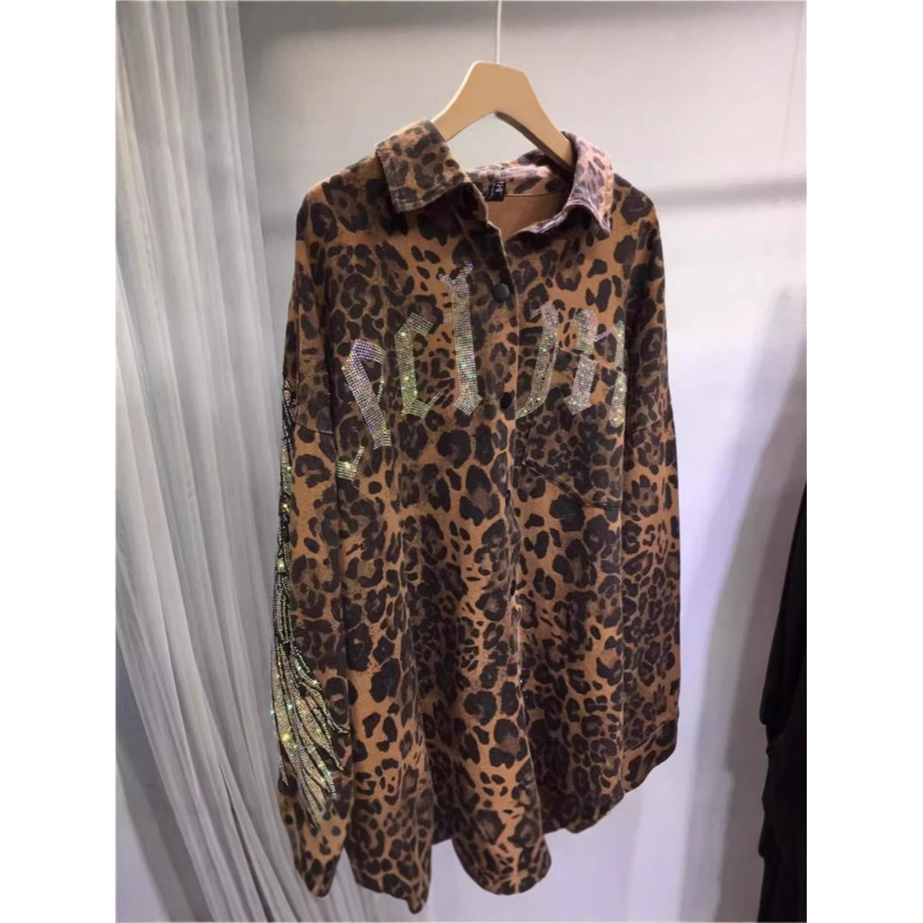 Jaket Kemeja Cetak Macan Tutul Longgar dengan Bordir Berat untuk Wanita Ukuran Plus