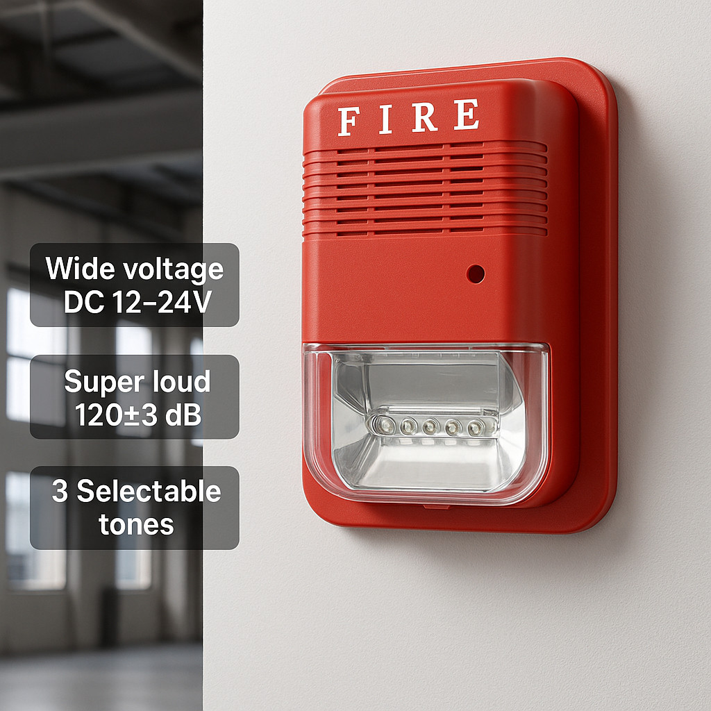 Emergency Strobe Siren 12V/24V — High-Decibel Fire/Police/Ambulance Sounds, LED Flash, Compact ABS S