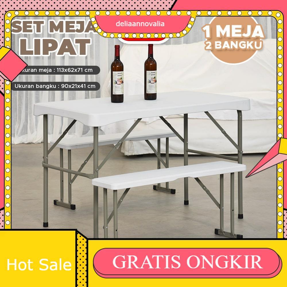 Meja Lipat SET Kursi 113x62x71cm Folding Table Indoor Outdoor Piknik Pameran Jualan Besar Meja Makan