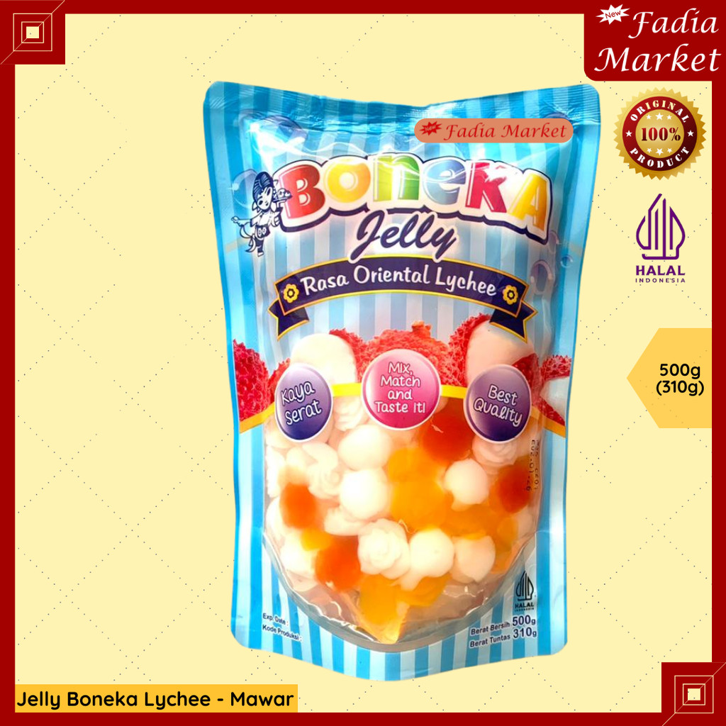 1 KARTON 20pcs Jelly Boneka Lychee Motif Mawar Warna Warni 500g – Cendol Jelly Rasa Leci Segar untuk