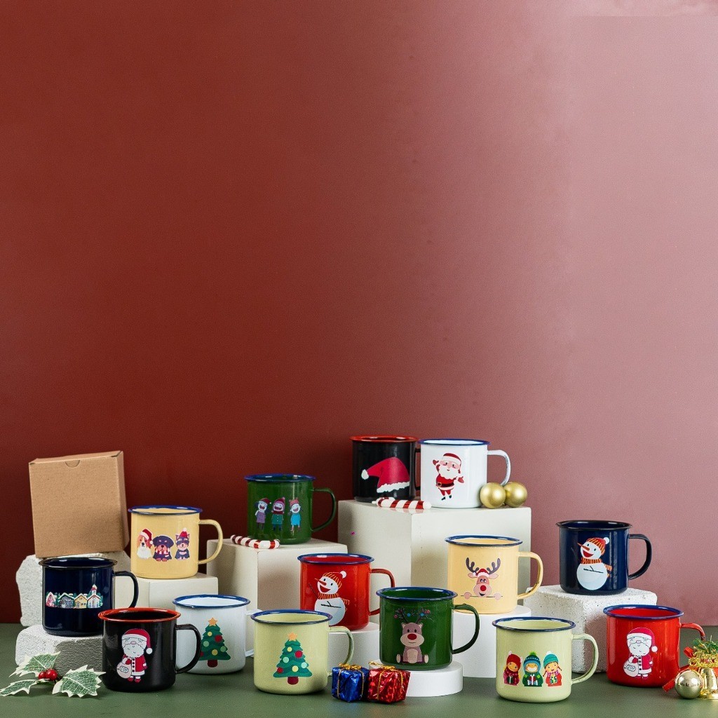 Cangkir Gelas Mug Enamel Kaleng Souvenir Hampers Natal Christmas Hadiah Tahun Baru