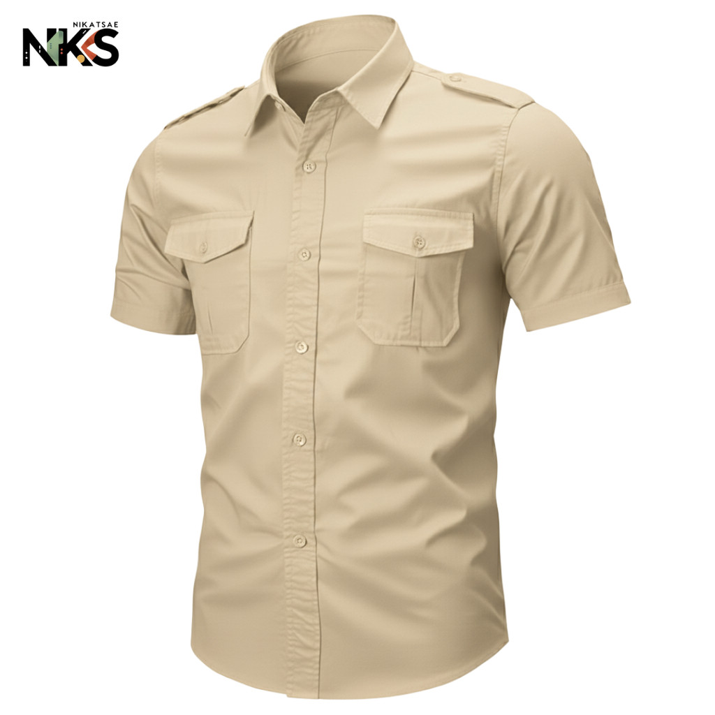 Kemeja Pria Cream Lengan Pendek / Kemeja Tactical / Baju Tactical / Kemeja / Kemeja Tactical Pria