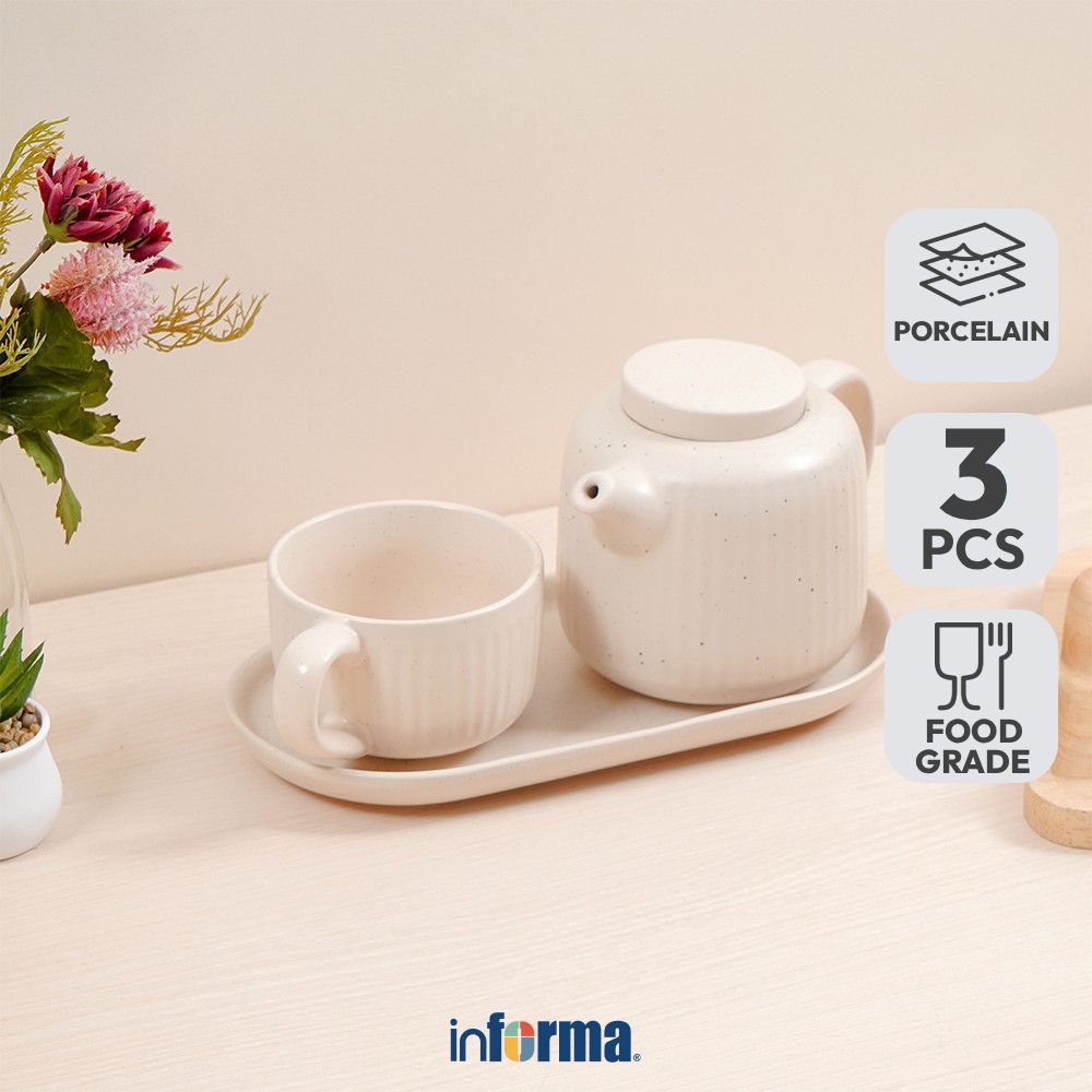 Informa Appetite Hazel Teko Teh & Cangkir Porcelain Dengan Nampan 600 ml Set 2 Pcs - Putih Ceret Min