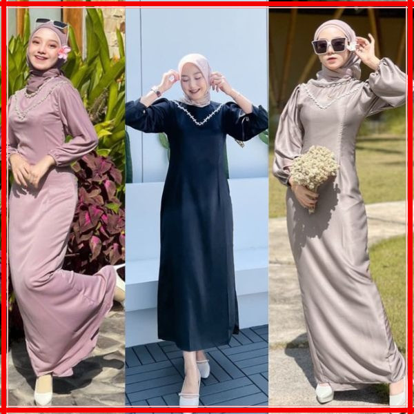 NEW CALENDULA DRESS SATIN SILK PREMIUM PAYET MUTIARA GAMIS PESTA SERAGAM  SIMPEL MEWAH