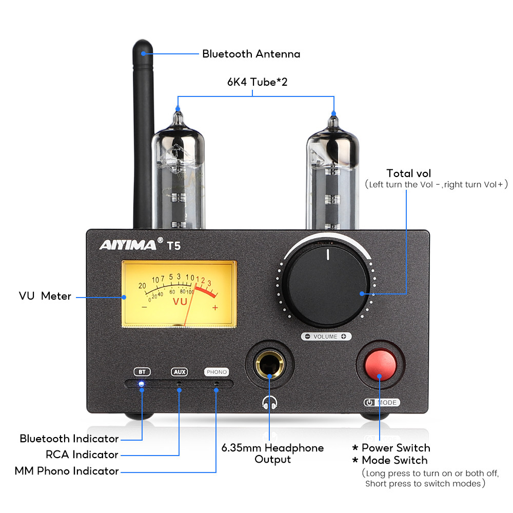AIYIMA T5 V2.0 HiFi Bluetooth 5.1 Vacuum Tube Headphone Amplifier 2RCA VU Meter Class D 2.0 annel Po