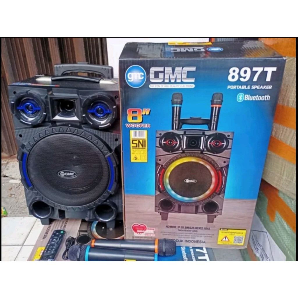 SPEAKER GMC 897T 897 T  portable bluetooth  8 inch FREE 2 mic wireless