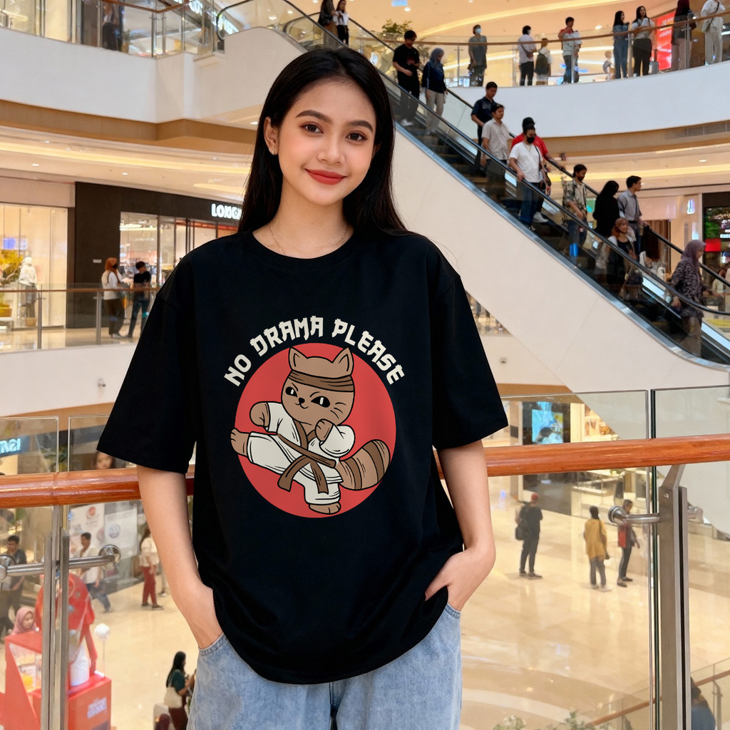 Distro Original 100% No Drama Please Cat Karate Kaos Wanita Oversize Santai Pakaian Atasan Wanita un