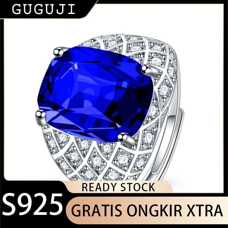 GUGUJI Cincin Berlian Persegi Terbuka dengan Safir Set Cluster Berlian Penuh dengan Berlian Berwarna