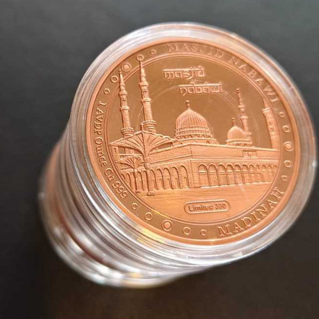 Koin Tembaga Murni Masjid Nabawi , Fine Copper 999 Limited 330 , 1 AVDP Ounce (28.35gr) dengan Kapsu