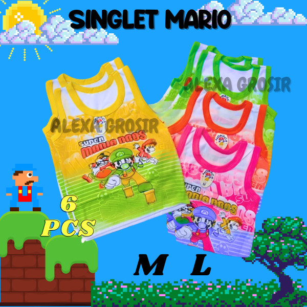 6 Pcs Singlet Anak Laki laki - Kaos Dalam Anak Laki laki Karakter Mario