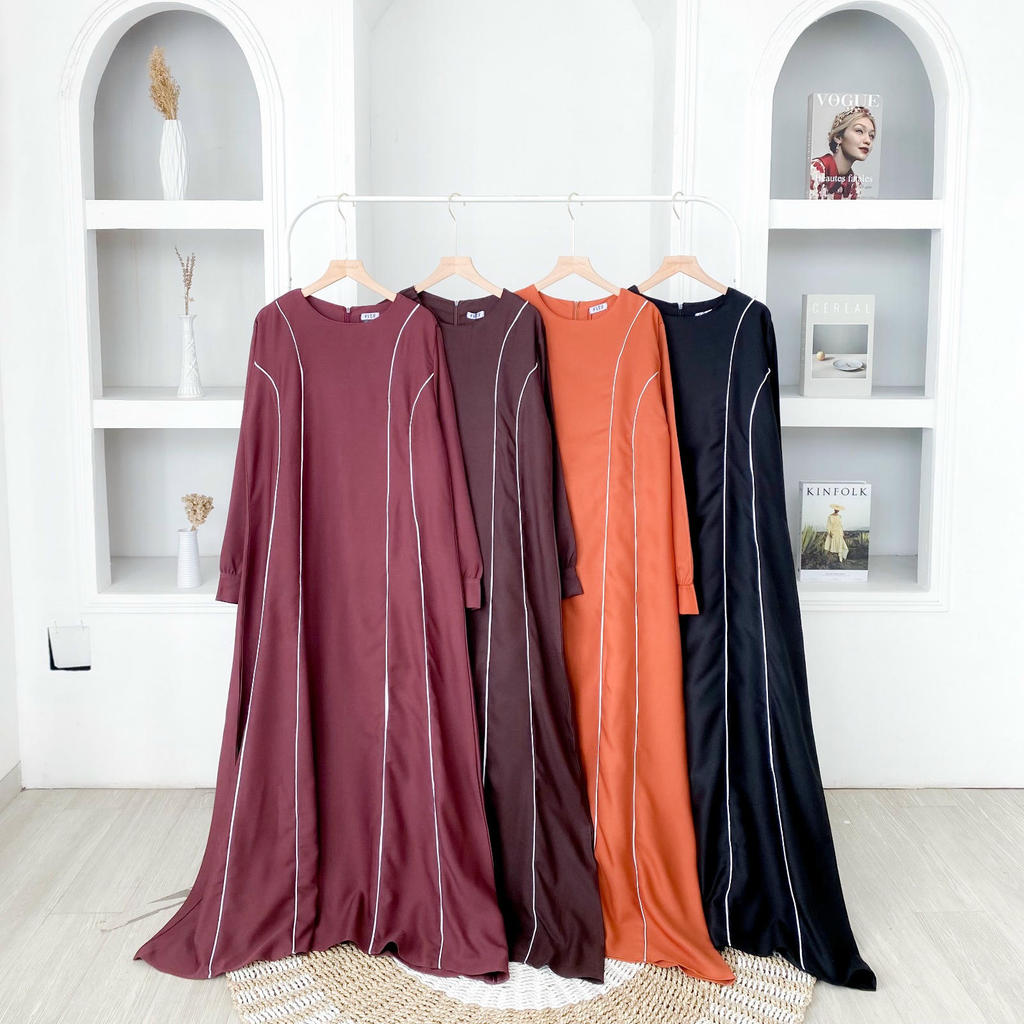 Dress Muslim Simple Minimalis Modern | Busana Muslim Wanita | Gamis Hitam Polos Elegan Garis Putih