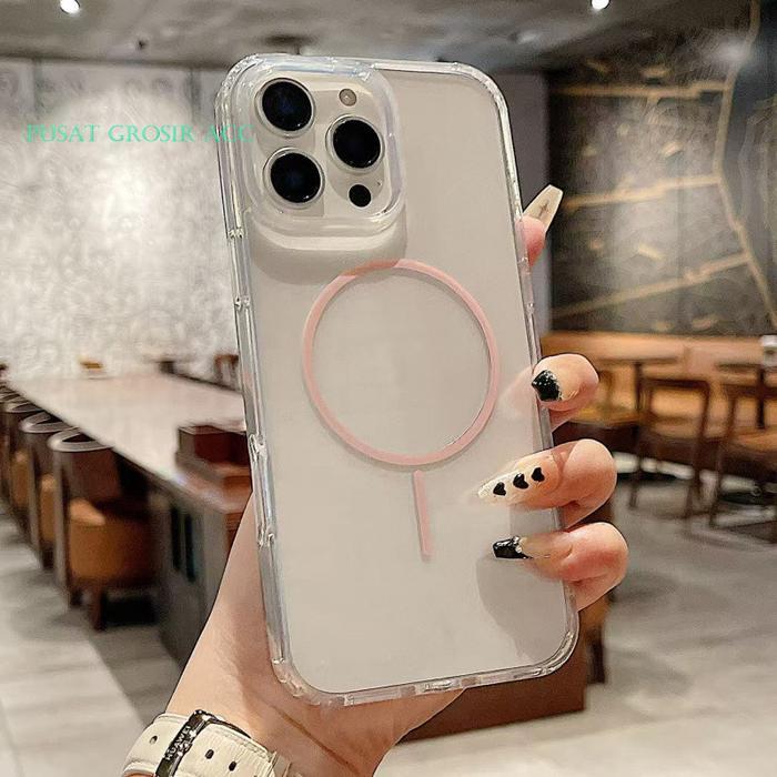 Casing MagSafe Bening Pink Peach untuk iPhone X-16 Semua Model, Magnet Kuat Anti Banting, Tipis Nyam