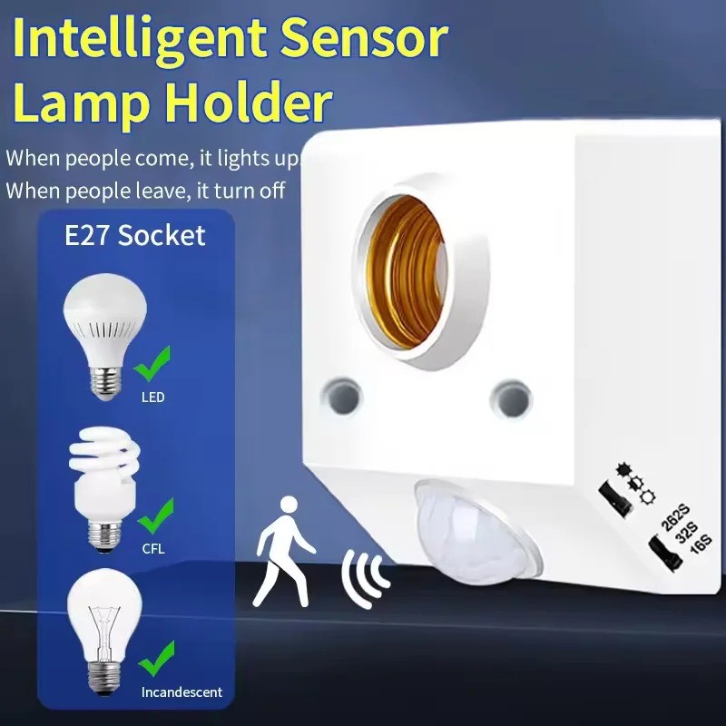 Fitting Lampu Sensor Gerak IR E27 Deteksi 2–6M 120° Timer & Mode Siang/Malam 50W Hemat Energi Untuk 