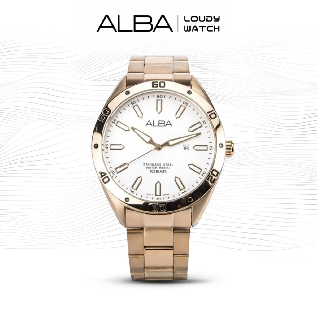 ALBA AG8G86 Jam Tangan Pria Quartz White Dial Gold Stainless Steel Strap Watch