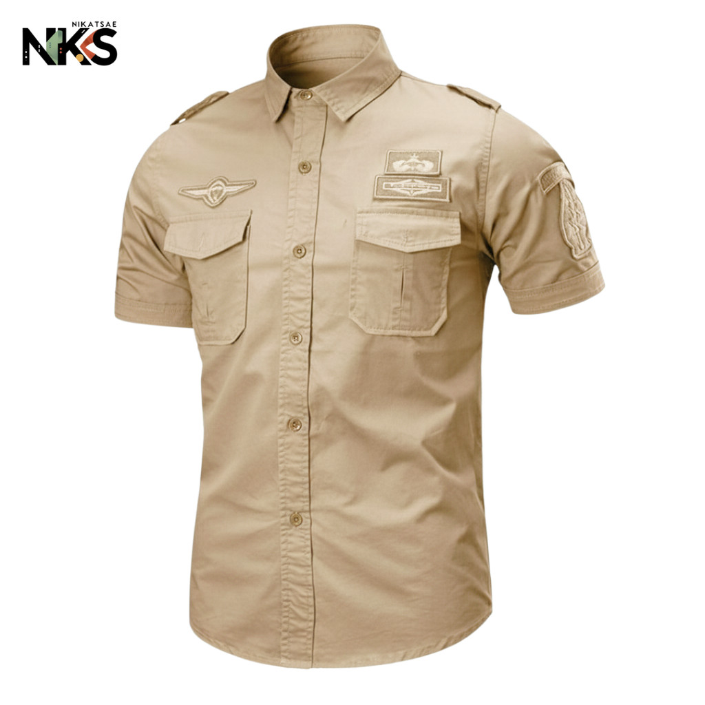 Kemeja Pria Cream Lengan Pendek Bordil / Kemeja Tactical / Baju Tactical / Kemeja / Kemeja Pria