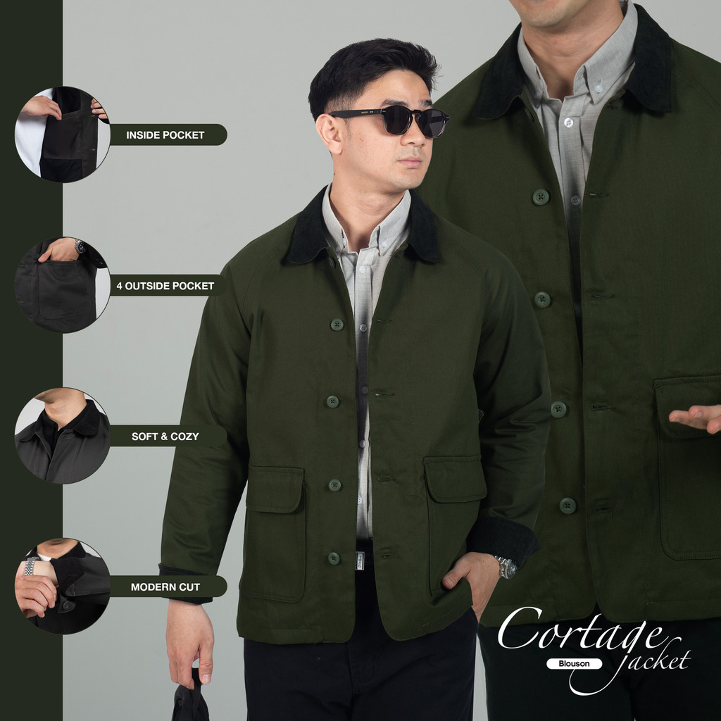 Jaket Polos Pria Kerah Corduroy WOODCUTTER Cortage Blouson Jacket - Green - Work Multi Pocket