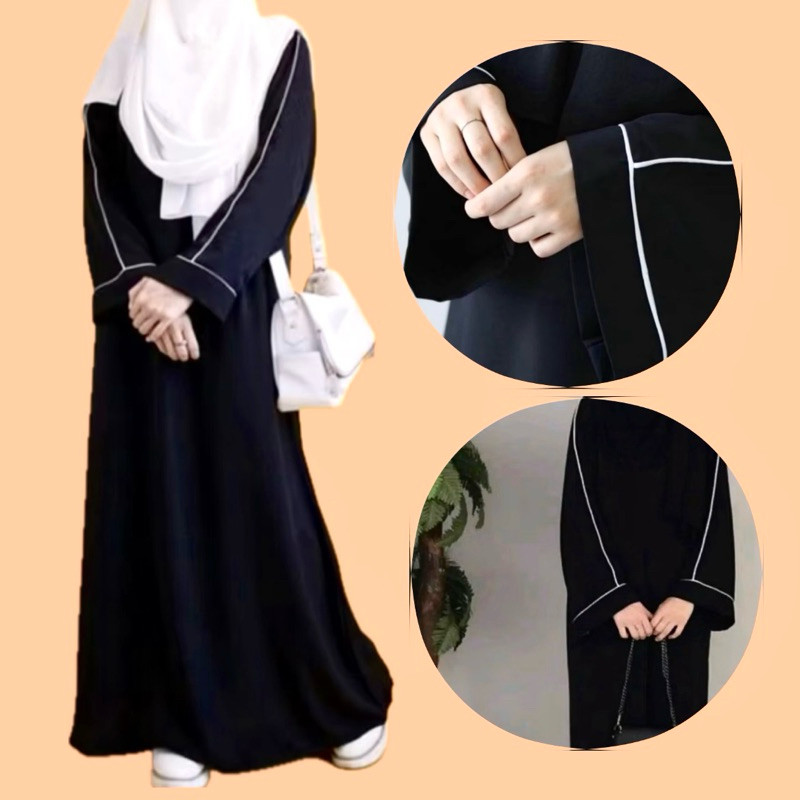 (COD) Abaya motif Garis List putih (COD) / Abaya Polos / Abaya Hitam / Gamis polos Terlaris