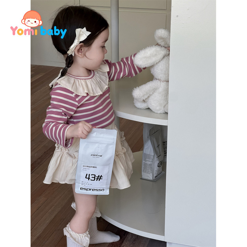 Yomi baby Set Gaun Boneka Bergaris Untuk Anak Perempuan Set Pakaian Anak-Anak Gaya Korea Untuk Bayi