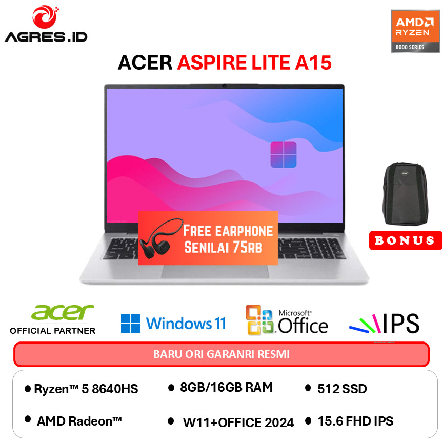 ACER ASPIRE LITE 15 AL15 RYZEN 5 8640HS - RAM 16GB 512GB W11+OHS 15.0FHD IPS-61P.R3QE