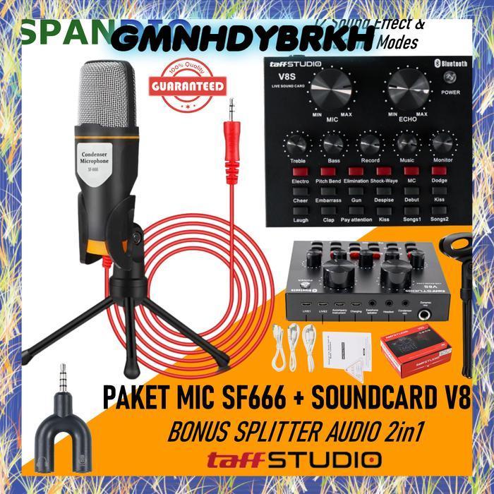 Paket Komplit Mic SF 666 Soundcard V8s V8 Plus Bluetooth Lengkap - V8S