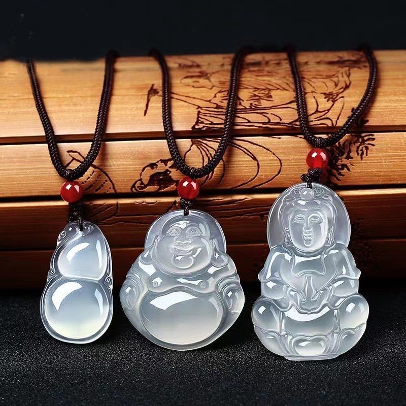 Kalsedon Putih Batu Akik Buddha Guanyin Pendant - Liontin Giok Gesper Ping An Tupai