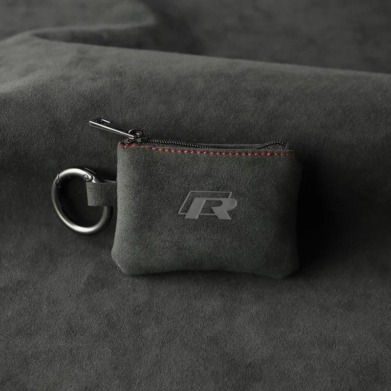Alcantara Flip Leather Key Bag Remote Car Keys Storage Protection Bag for Volkswagen R Logo Prevent 