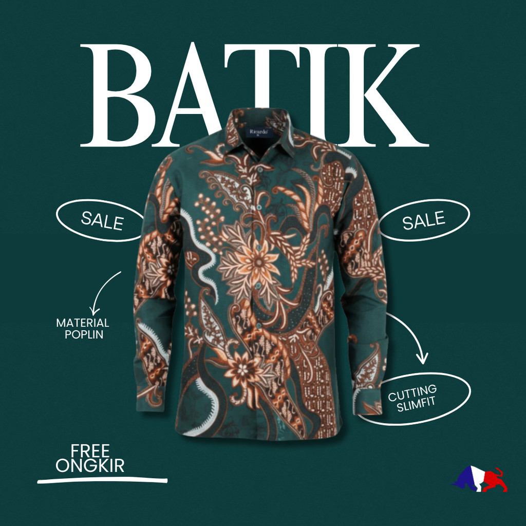 RICARDO Kemeja Batik Slim Fit Green – Cotton Poplin, 1 saku , Stylish & Cool 32587