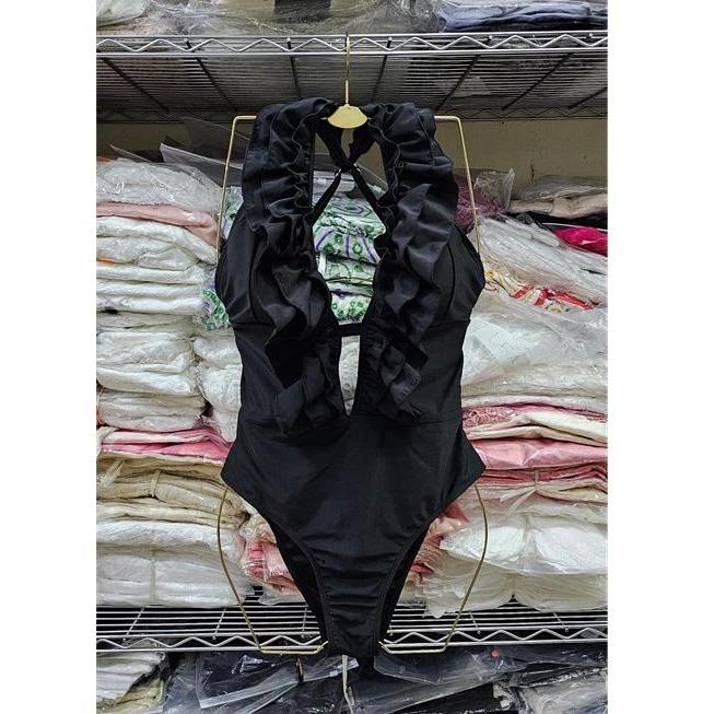 READY STOCK SAF - RINA BLACK RUFFLE V neck swimsuit one piece woman premium / korean swimwear / beac