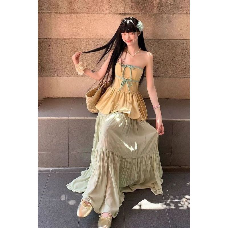 ChubChic COD Rok Midi Hijau Gaya Prancis, Gaya Korea Longgar, Pinggang Tinggi, Siluet Garis-A